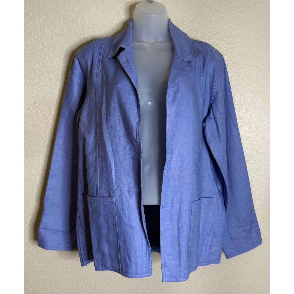 Coldwater Creek Women Small Jacket Blue 100% Linen Open Front Patch Pocket Chic